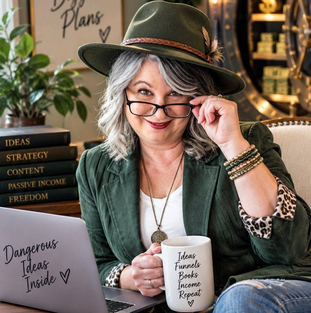 Laura Wing wearing an olive fedora and green jacket, smiling over her glasses while holding a mug beside her laptop